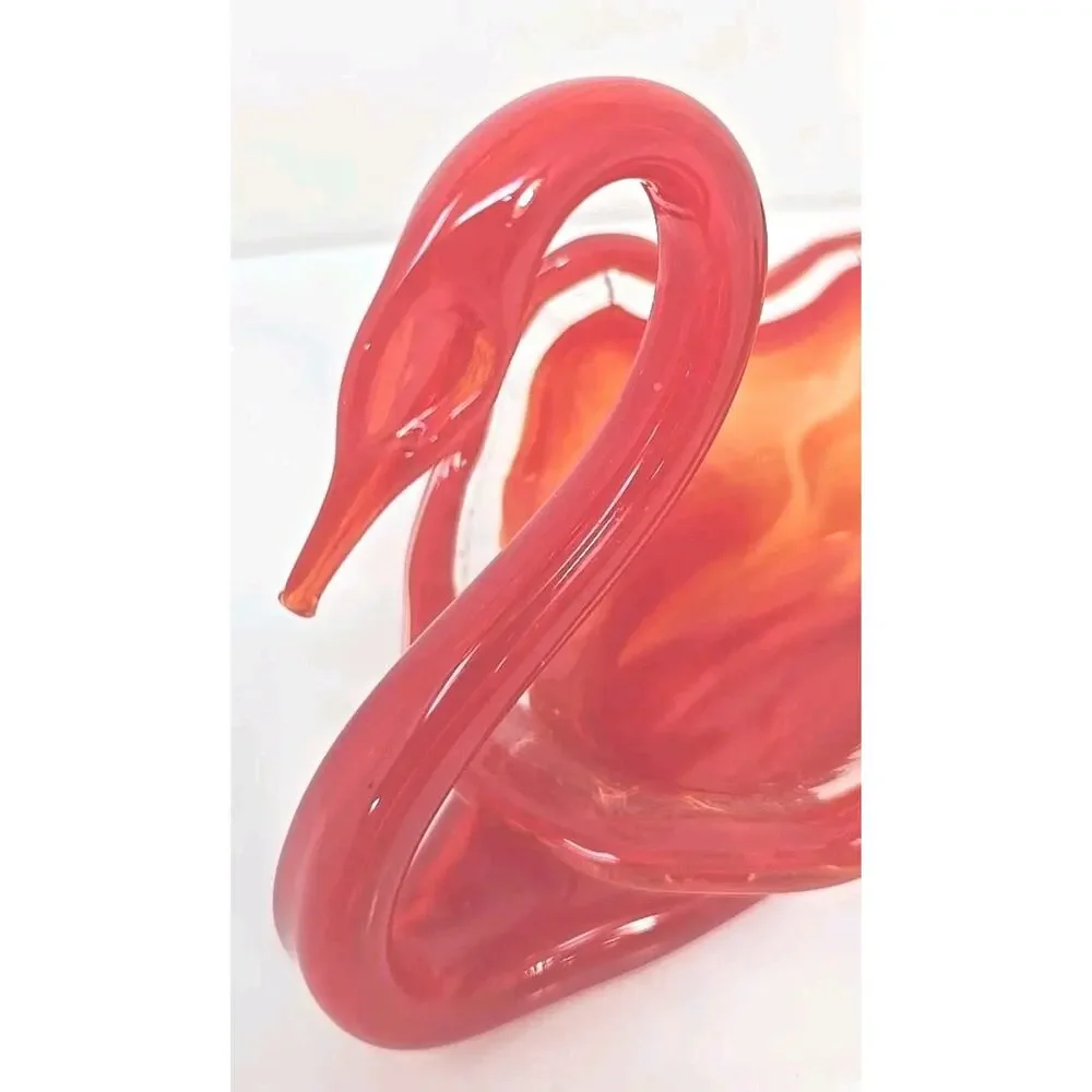 Vintage Large Glass Swan Candy Dish Orange Swirl Hand‎ Blown MSC1